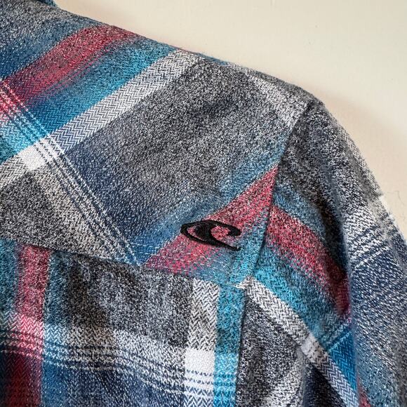 O'Neill Men's M Plaid Flannel Button Up Shirt Gray Blue Red Surf Skate Gorpcore - Picture 9 of 11